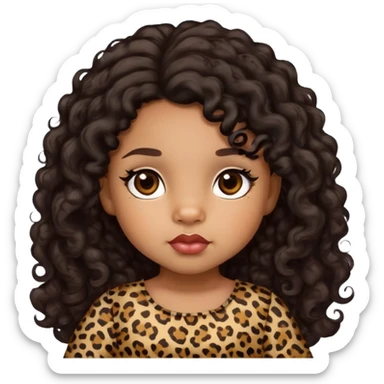 light brown skin tone, very adorable toddler, with big plump lips, long long lashes, black curly hair, middle hair parting, brown eyes, leopard print dress sticker