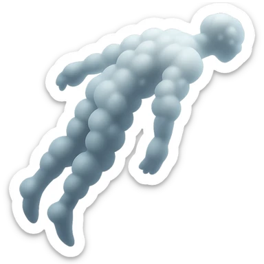 side view of unconscious person flying upwards by torso, legs and arms downwards, made of small very bright white fluffy convex clouds, matte glass style sticker