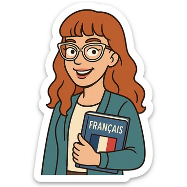 cartoon style, bitmoji-inspired, redhead woman with long wavy hair and bangs, cat-eye clear-framed glasses, blue eyes, French teacher, holding a book sticker