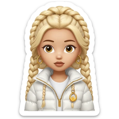 generate a pretty bratz girl with a WHITE puffer jacket, hoops, long braided hair sticker
