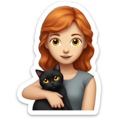 A red-haired girl holds a black British cat with yellow eyes in her arms sticker