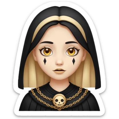 Stylized cult cartoon girl emoji, eerie-cute aesthetic, symmetrical design, subtle spooky vibe, glowing eyes, chanting “AMILK”, bold graphic icon sticker