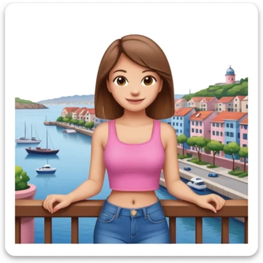 cute emoji-style woman with straight brown hair, pink crop top, and blue jeans, leaning on a balcony with a harbor and cityscape in the background, smiling sticker