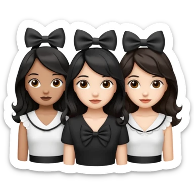 three girls with brown eyes, white and brown skin tones, first girl with completely black straight hair and a bow on her head, middle girl with black wavy hair and a bow, last girl with black voluminous loose waves and a bow, emoji style sticker