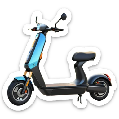 An icon featuring a sleek electric scooter parked on a scenic path. The background showcases a vibrant city park with green trees, flowers, and a clear blue sky. The sun sets in the distance, casting a warm golden glow on the landscape. Transparent background highlights the modern design of the scooter sticker