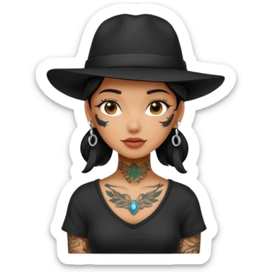 girl have tattoo on her full neck and full body with black hat sticker