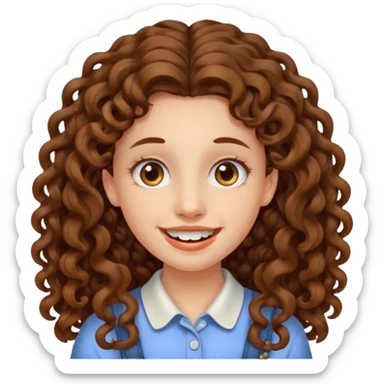 create a frontend girl that has an oval face and very very long brown curly hair and has bracesin her teeth and white sticker