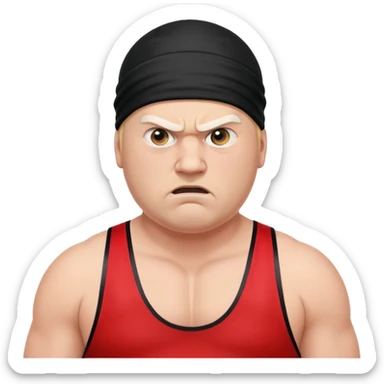 Close-up of white skin fat guy no muscle with prominent black durag, completely shaved face, no beard or mustache, black eyes in a red and black wrestling singlet with angry face sticker