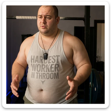 Create a realistic version of the man in the reference photo with well-developed muscles but fat accumulation on the abdomen and hips, maintaining the original pose. sticker