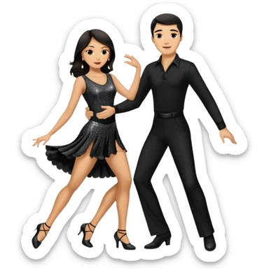 Dancesport professional latin couple dancing the rumba, the women is in skinny short sparkly dress, the man is in black shirt and black classic pants, the women has brown long hair, the man has short black hair  sticker