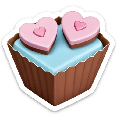 Two square milk chocolate 2 pralines only, Each praline is a sharp-edged cube with smooth glossy chocolate coating, placed in a small white fluted paper candy cup. On top of each cube is a flat pastel pink heart-shaped icing, thin and smooth, slightly translucent, with fine sugar crystal sparkle. sticker