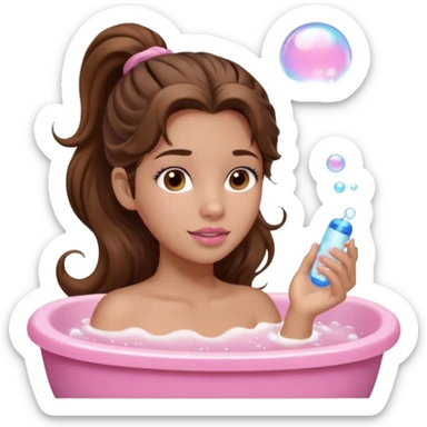 girl with wavy long ponytail brown hair, brown eyes, light to medium complexion, long lashes, light pink lipstick, wearing light pink shirt, taking a bubble bath sticker