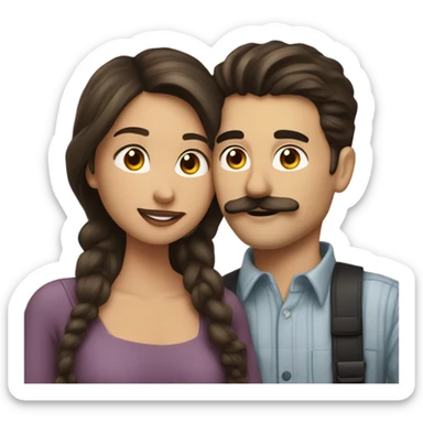 Beautiful girl kiss his boyfriend.  A white man and woman are kissing, they have dark brown hair. the man has a mustache sticker