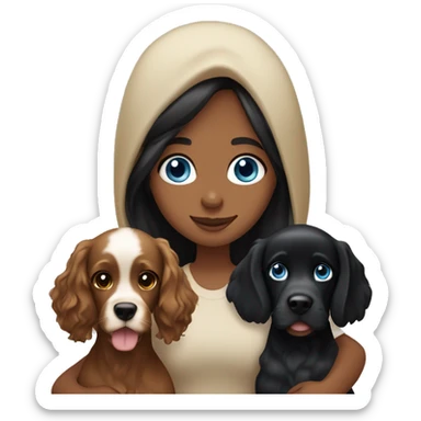 Black Hair and Brown Eyes Girl with a Blue Eyes and Blond hair boy both holding a black cocker spaniel sticker