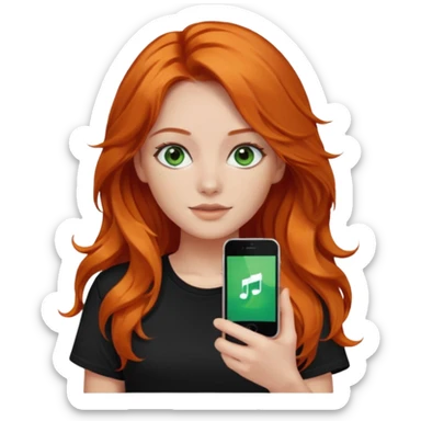 Girl with dark long orange wavy hair, green eyes, and black t-shirt with iphone tiktok on hand sticker