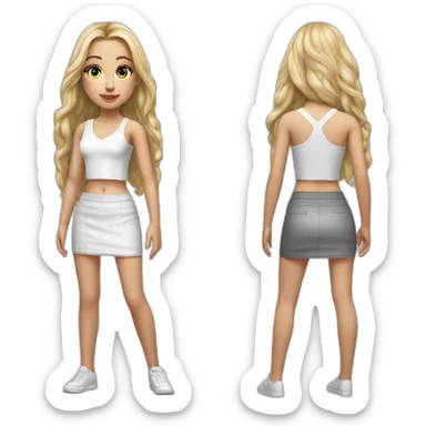 hyperrealist caucasian girl, long straight blonde hair, white v-neck laced crop tanktop, grey tight micro skirt sticker