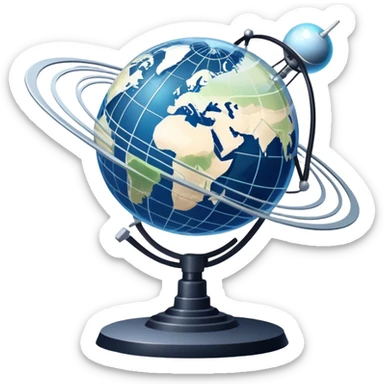 An icon featuring a satellite dish on planet Earth aimed at an orbiting satellite. The design includes signal waves, a globe with network lines, and data beams connecting devices, symbolizing global communication and data transfer. Transparent background sticker