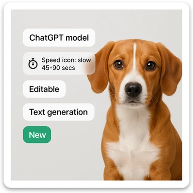 1:1 image of a dog for web UI, seamlessly integrated with tags 'ChatGPT model', 'Speed icon: slow 45-90 secs', 'Editable', 'Text generation', 'New' in a seamless, modern style suitable for a website image sticker