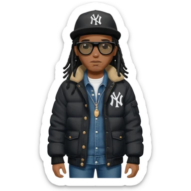 African American man with shoulder length black dreadlocks wearing black sunglasses with black bubble winter coat wearing a New York Yankees baseball hat with arms folded wearing denim skinny jeans and timberland boots sticker