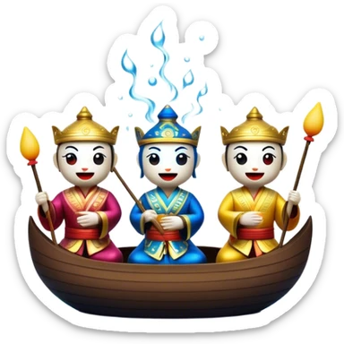 Cinematic Realistic Water Puppetry Emoji, depicted as a whimsical scene of traditional water puppets performing on a reflective water stage, rendered with vivid textures and dynamic playful lighting that captures its enchanting charm. sticker