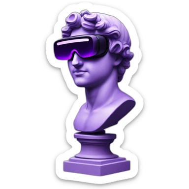 an EMOJI OF A ancient young greek statue, wearing VR headset, purple colors, DIGITAL UNIVERSE sticker