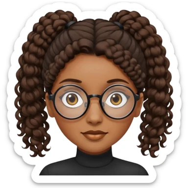 chica morena de ojos claros con gafas negras exagonales redondeadas. y pelo rizado castaño con todo el pelo recogido en una coleta .. Con todo el pelo recogido un clen look solamente una coleta sticker
