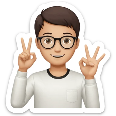 young Asian man with cool brown short hair, wearing black framed glasses, a white top, making an OK gesture with his right hand, and smiling confidently sticker