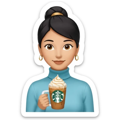  tan skin woman with long face, and very short black hair slicked back ponytail with forehead showing, wearing solid light blue turtleneck shirt, drinking starbucks caramel frappuccino, smiling with middle parted hair sticker