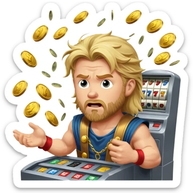 disheveled Thor losing money at a slot machine, panicked face, coins flying sticker