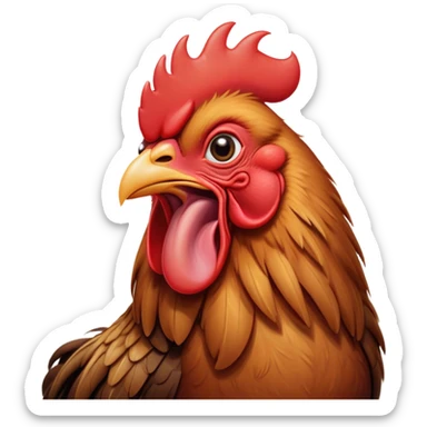 Cinematic Cute Yawning Brown Rooster Portrait Emoji, Head tilted slightly with a dramatic, wide-open yawn, showcasing a soft, downy brown plumage with a subtle red comb and drooping wings, round warm eyes barely open in drowsy contentment, Simplified yet irresistibly adorable features, highly detailed, glowing with a soft, cozy glow, high shine, relaxed yet expressive, stylized with a touch of whimsy, bright and endearing, soft glowing outline, capturing the essence of a sleepy yet affectionate rooster, so drowsy it feels like it could stretch out of the screen and curl up for a nap! sticker