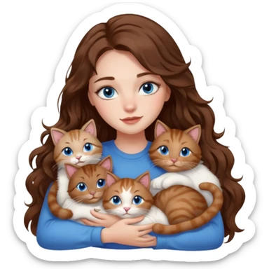 girl with long wavy brown hair, blue eyes, long lashes makeup, cuddling with 6 cats sticker