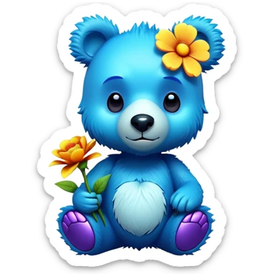 3D, adorable little Pixar style blue neon punk bear with a flower, ultra detailed, each lash, eye, and strand of fur is shown in stunning detail as though captured in a timeless photograph, rich textures, visually rich, so lifelike it feels like it could leap off the page at any moment sticker
