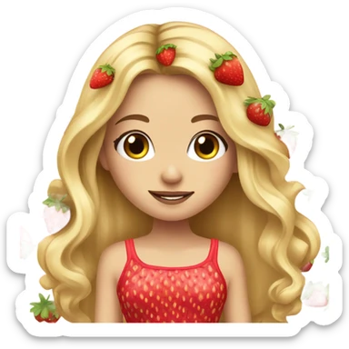 a beautiful girl, long blonde hair with strawberry in her hair, white skin, strawberry dress sticker