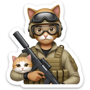 Man in tactical airsoft gear wearing protective goggles on face, holding a gun in one hand and a white and brown cat in the other hand sticker