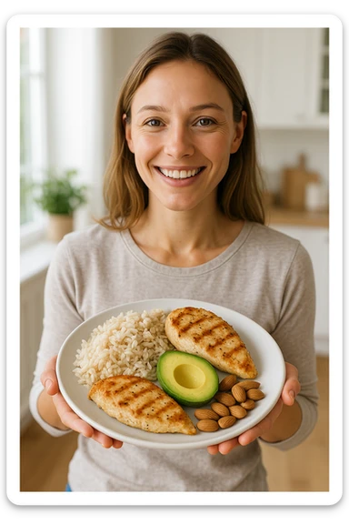 realistic scene of a woman serving a balanced meal with clearly visible carbohydrates, proteins, and fats on the plate, healthy atmosphere, detailed, aspect ratio 2:3 sticker