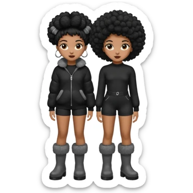 A brown skin girl that has a slim and thick body with black hair into two Afro puffs   and wears all black outfit with grey furry boots  sticker