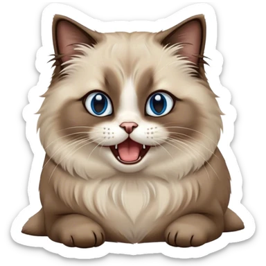 Cinematic Adorable Fluffy Brown Seal Ragdoll Cat Portrait Emoji, Head tilted cutely with big, sparkling blue eyes, soft brown seal-colored fur with darker points on the ears, face, and paws, Simplified yet irresistibly adorable features, highly detailed, glowing with a soft, warm glow, high shine, yawning in a peaceful and playful manner, stylized with a touch of whimsy, bright and endearing, soft glowing outline, capturing the essence of a relaxed and loving kitten, so cute it feels like it could leap out of the screen and stretch into a cozy nap! sticker