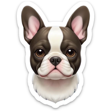 Cinematic Noble Pied French Bulldog Portrait Emoji, Radiating regal yet playful charm, with a distinctive pied fur of contrasting hues and a sculpted, expressive face featuring gentle, wise eyes and a confident stance, simplified yet artistically detailed, glowing with a soft, sophisticated radiance, high shine, exuding intelligent nobility and refined flair, soft glowing outline, capturing the essence of a noble Pied French Bulldog that embodies both strength and grace! sticker