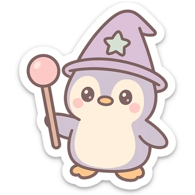 cute penguin wizard, magical staff, wearing a pointed hat, fantasy sticker