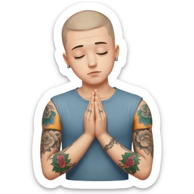 A 20 year old white man with a buzz cut and tattoos all over his arms and chest. Pleading face with hands praying  sticker