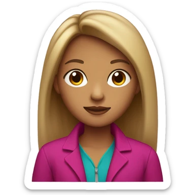 slightly tan girl with brown eyes, long hair, curtain bangs, and a magenta jacket sticker