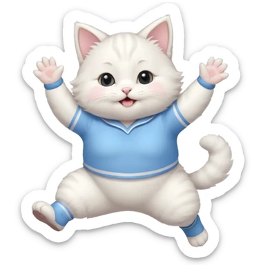A chubby white kitten in pastel uniform jumping in cheer pose. sticker