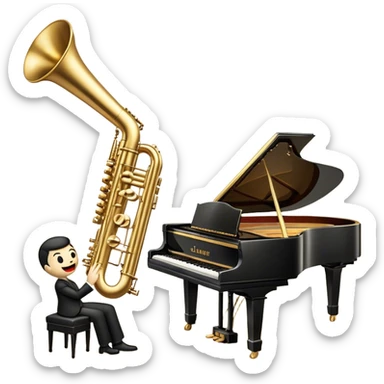 Create an elegant and vintage-inspired emoji representing jazz vocal performance with a classic jazz microphone, a grand piano, and a Selmer Model 19 trumpet resting on top of the piano. The design should feature a sleek, vintage microphone (like those from the 1940s) with a glossy, metallic finish. The piano should be depicted with a shiny black finish, and the trumpet should have a polished, golden look, resting gracefully on the piano keys. Add subtle musical notes or a soft soundwave to suggest the flow of music. Use rich, deep colors like gold, black, and silver to evoke the timeless, classy vibe of jazz. The background should be transparent. sticker