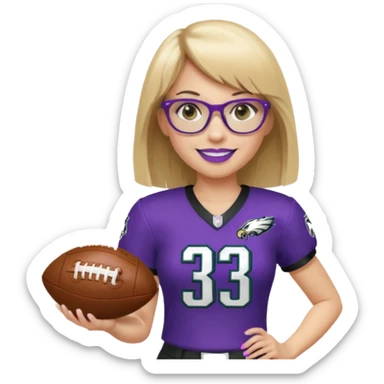 full length women wearing eagles uniform, medium blonde hair, straight across bangs, black glasses, holding football, number 33, smiling, purple lipstick sticker