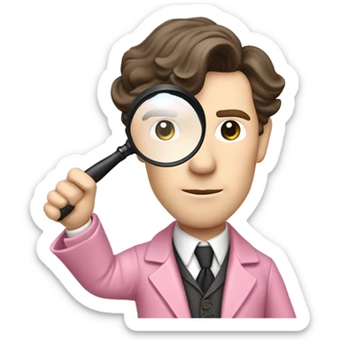 Benedict Cumberbatch-like Sherlock Holmes all in all intensive pink suit holding magnifying glass, upper body sticker