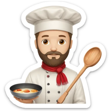 Bearded Chef – wearing tall white hat, red scarf, holding frying pan sticker