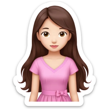 girl aesthetic emoji, asian beautiful long brown hair pink dress sticker