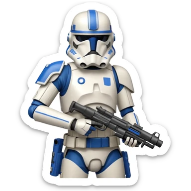 A starwars 501st clonetrooper with rally makes on the helmet holding his blaster in his left hand aiming the gun up with elbow bent so it’s not above the head sticker