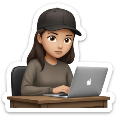 A professional 3D avatar of a young woman with olive skin and long, dark brown hair, wearing a dark, long-sleeved dark taupe shirt and a black baseball cap. She's sitting at a sleek wooden desk, typing on a silver MacBook. sticker