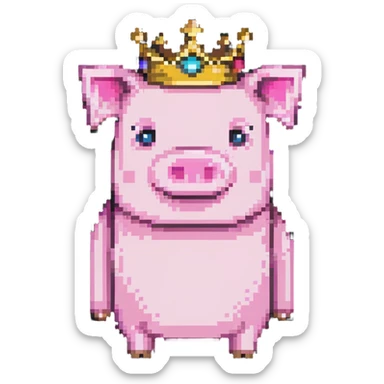minecraft pig full body pink blocky animal with square head wearing a crown sticker
